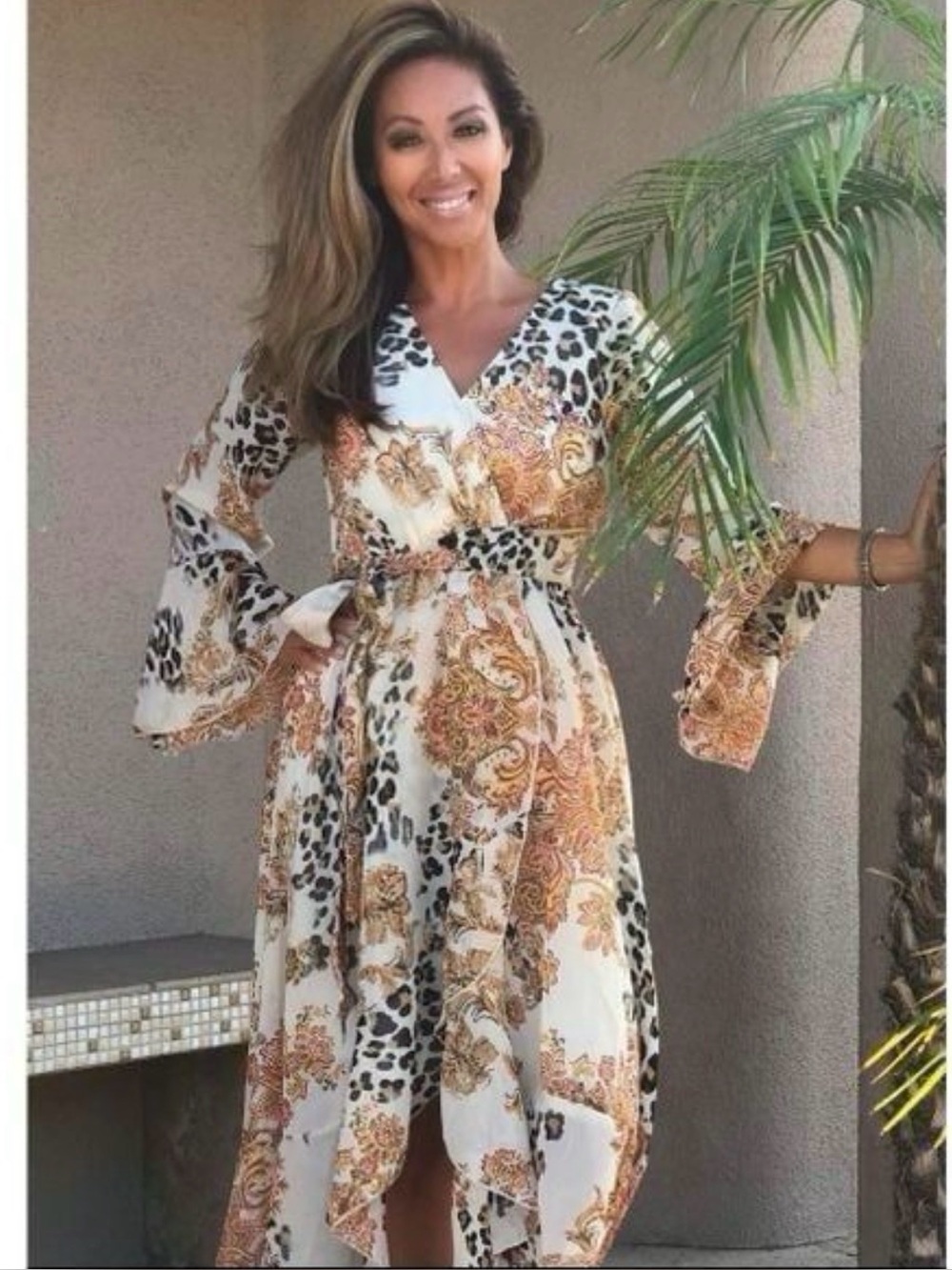 Une Ame High-Low Wrap Dress in White and Tan Paisley & Leopard